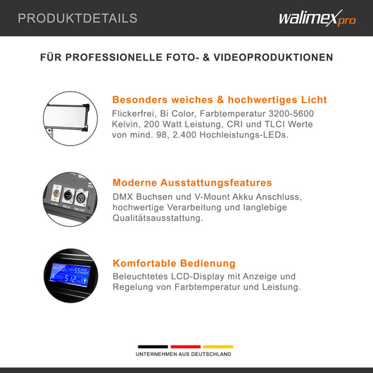 Walimex Pro Soft LED Brightlight 2400 Bi-Color Flat - Luce d'area Soft LED di alta qualità con temperatura di colore di 3200-5600K, potenza di 200W per produzioni fotografiche e video professionali