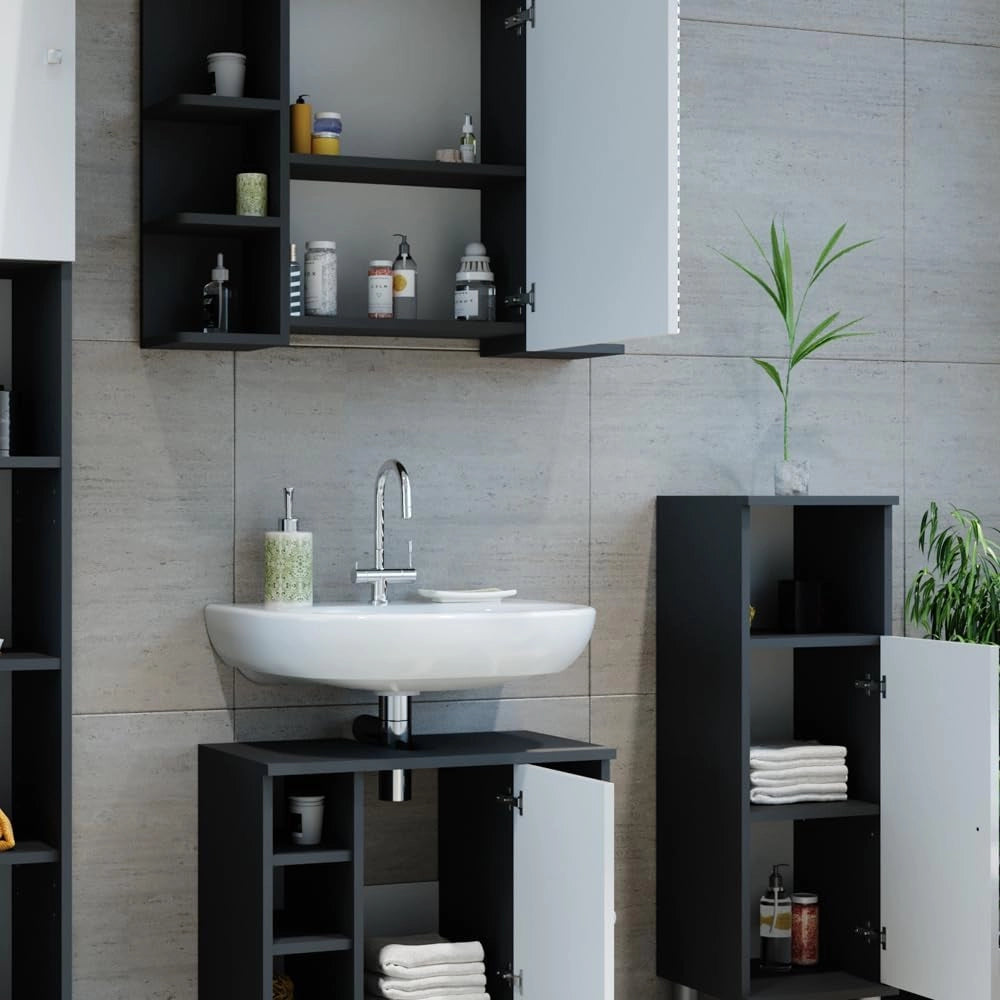 Set mobili bagno Fynn, Antracite, 60 cm, composto da mobile sottolavabo, specchiera e mobile medio