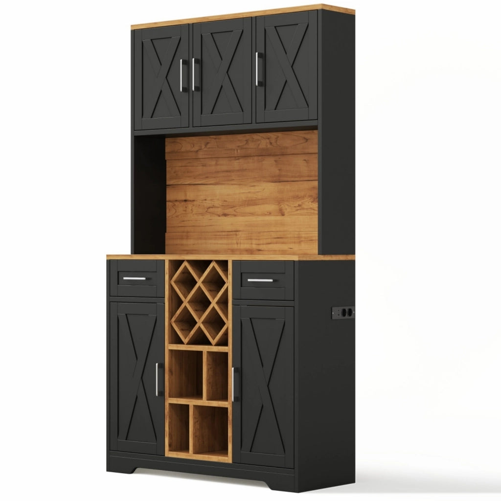 Credenza alta con 2 cassetti; LED e prese - per cucina - in MDF - 105×40×180 cm - naturale e nero