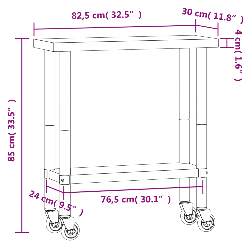 Tavolo da Lavoro Cucina con Ruote 82,5x30x85 cm in Acciaio Inox CFW9073894