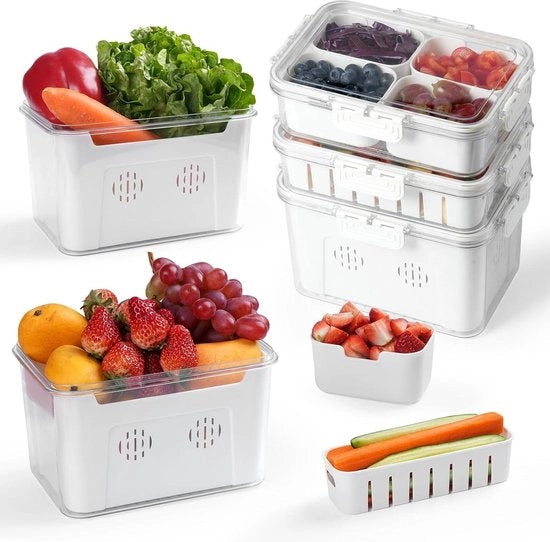 Set di contenitori per la conservazione di frutta e verdura - Set da 3, comprensivo di coperchi e griglia di sgusciamento separata.