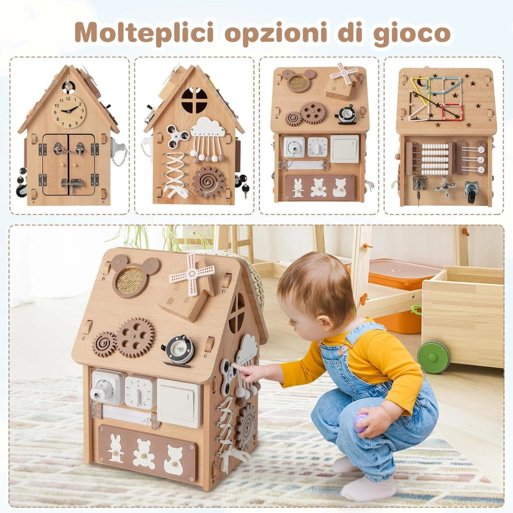 Occupato Montessori per Bambini in Legno, Casetta Giocattolo Piccola con Giochi Sensoriali e Vano Interno, Giochi Montessori per Motricità Fine, per Bambini 3 Anni+