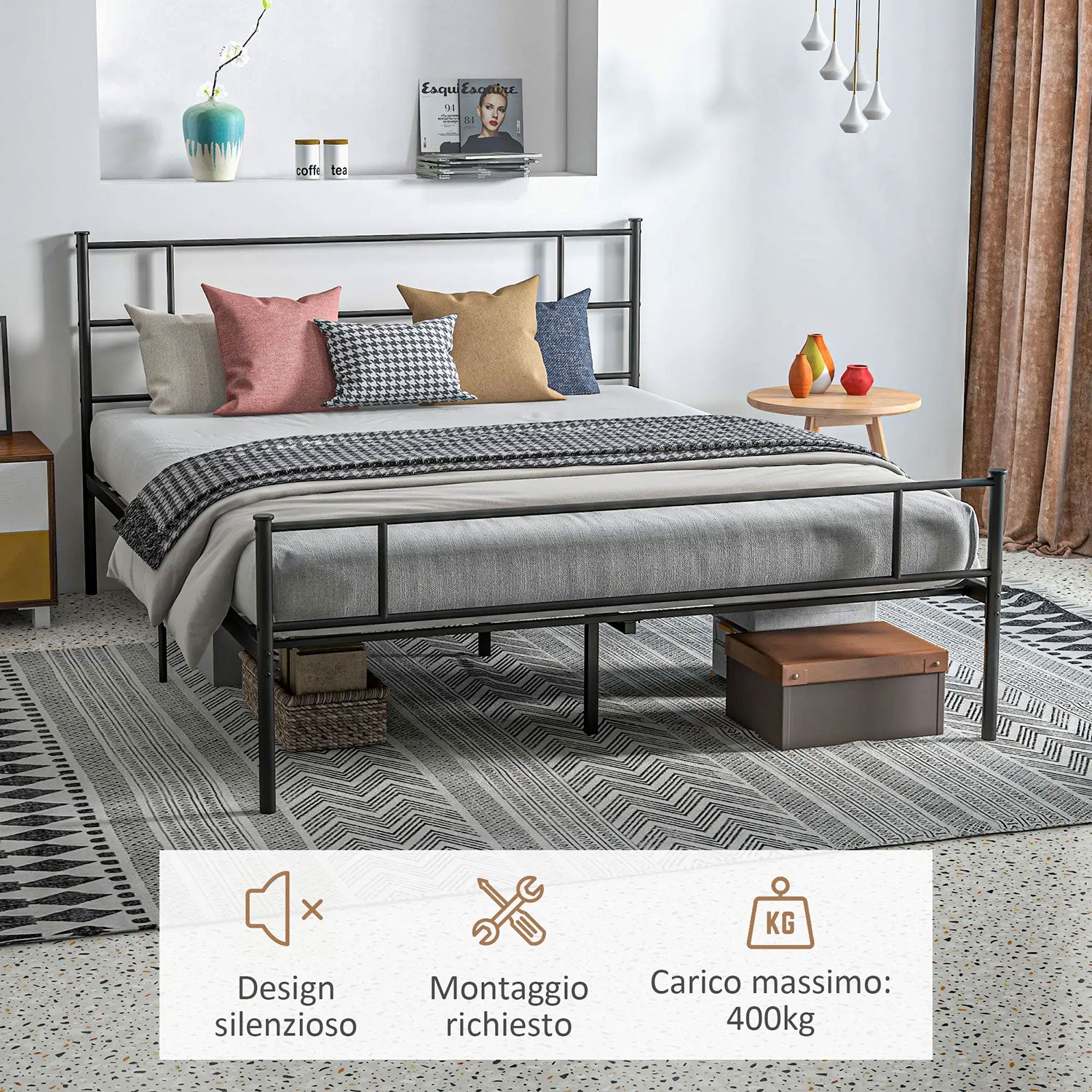 Struttura Letto Matrimoniale 160x200 cm in Acciaio con Doghe Integrate Nero