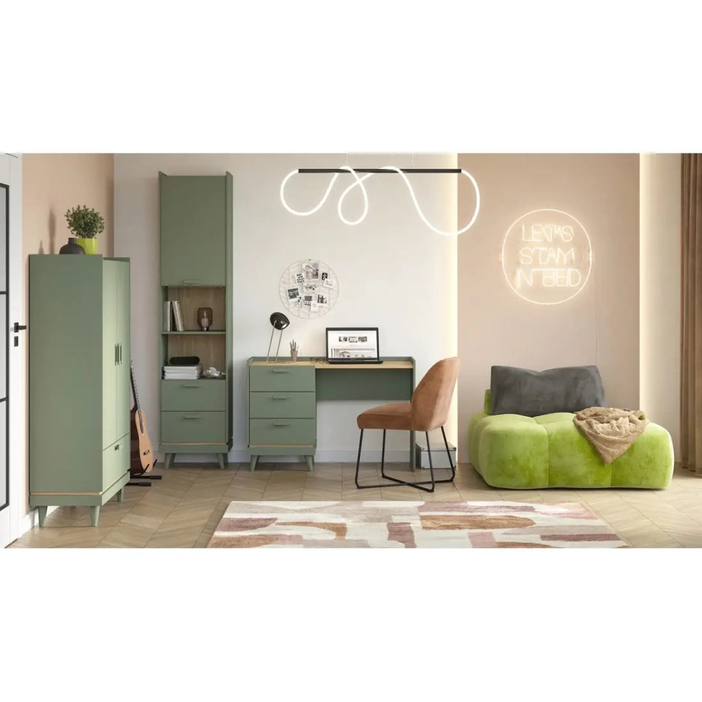 Biblioteca NOKI – Verde e legno – 1 porta + 2 cassetti stile scandinavo