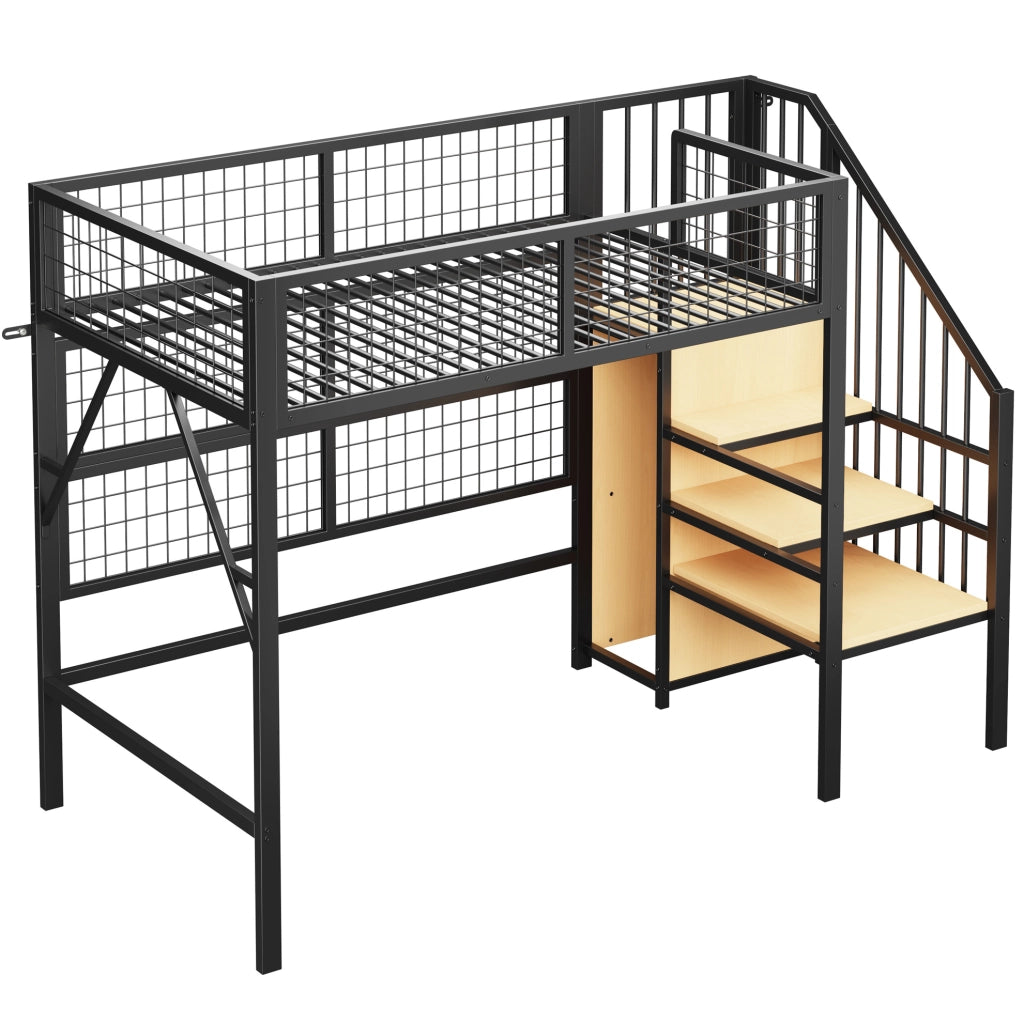 Letto a soppalco 90x200 cm con scala contenitore e LED in metallo nero
