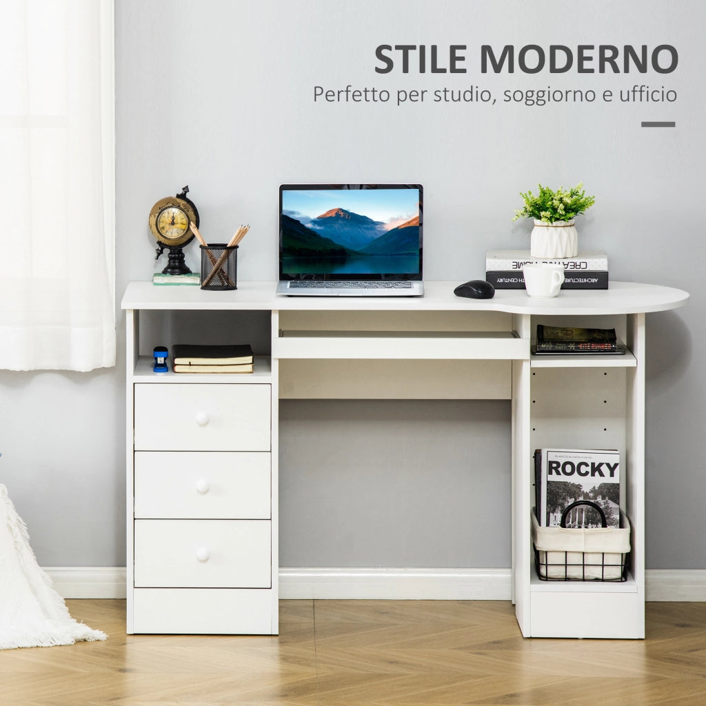 Scrivania da PC per Ufficio con Scaffali, Cassetti e Ripiano Testiera in Legno, 125x60x74cm