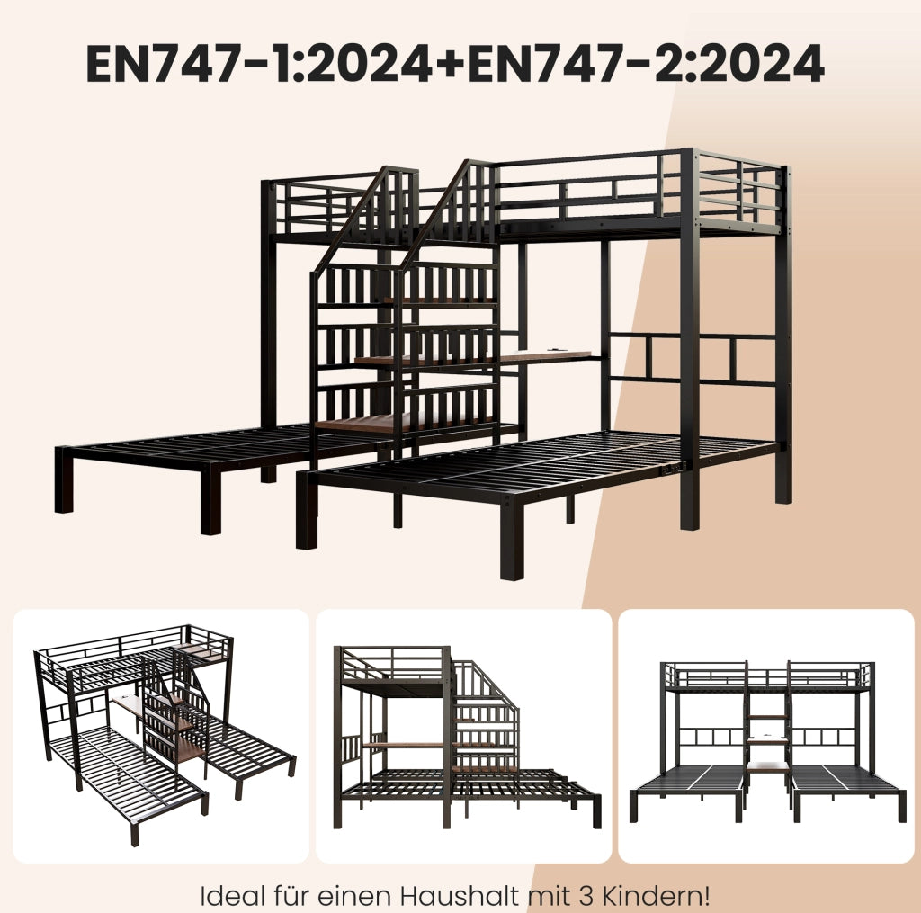 Letto a castello 3 posti 90x200 cm con LED, scrivania e USB