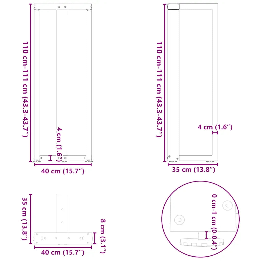 Gambe per tavolo da bar a forma di T 2 pz nere 40x35x(110-111) cm in acciaio 4013099