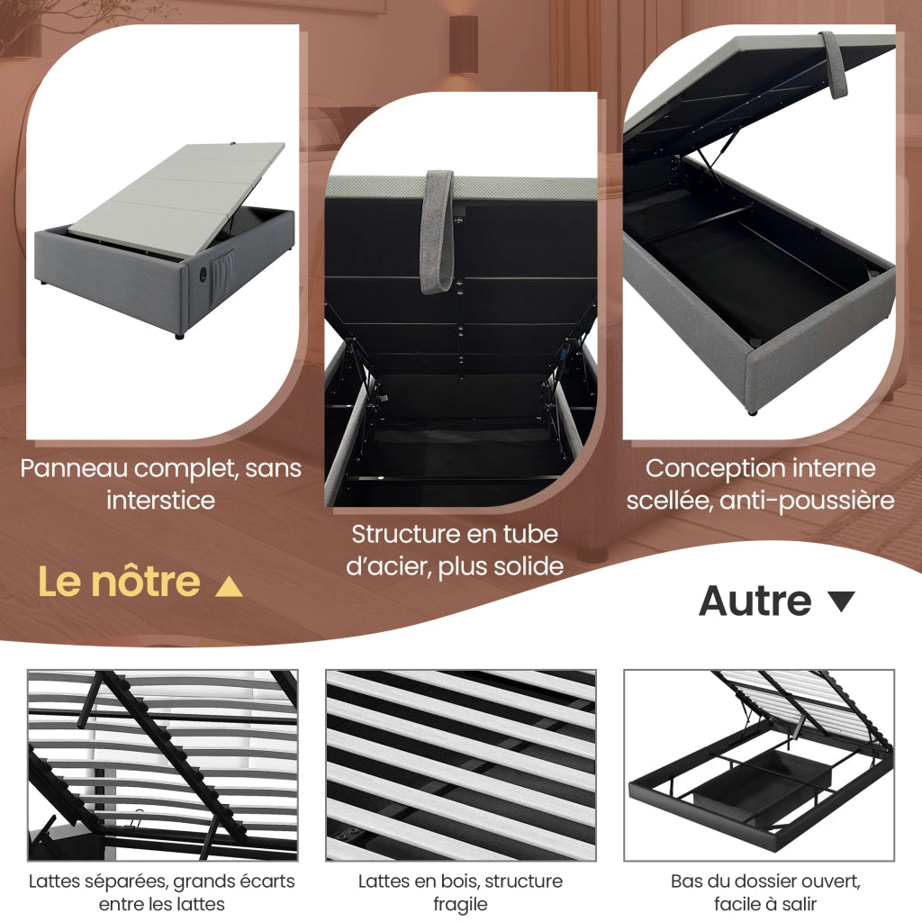 Letto Contenitore 90 x 200 cm; USB; Type-C e Tasca Laterale - in Tessuto - Grigio