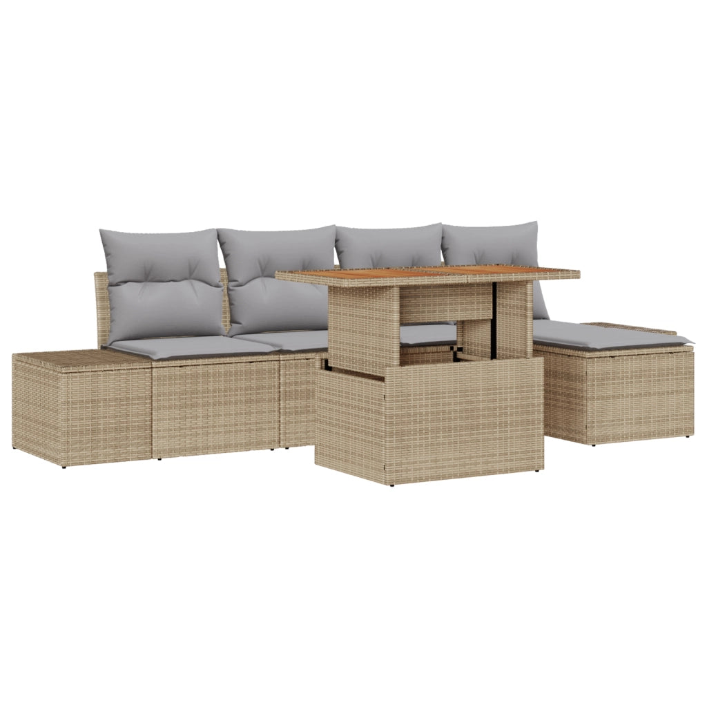 Set da Pranzo Giardino 6 Pezzi con Cuscini Beige Polyrattan Acacia