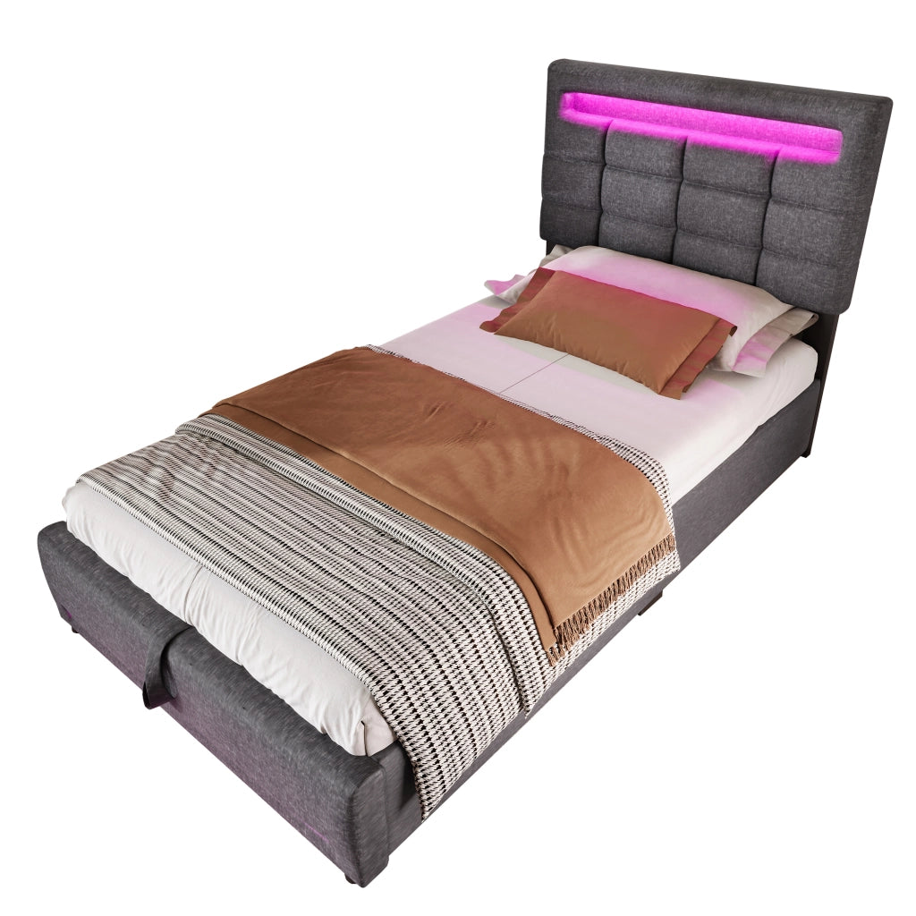 OKWISH Letto Singolo 90×200 cm con Contenitore, LED Regolabile, USB e Controllo tramite App, senza Materasso, in Lino, Grigio