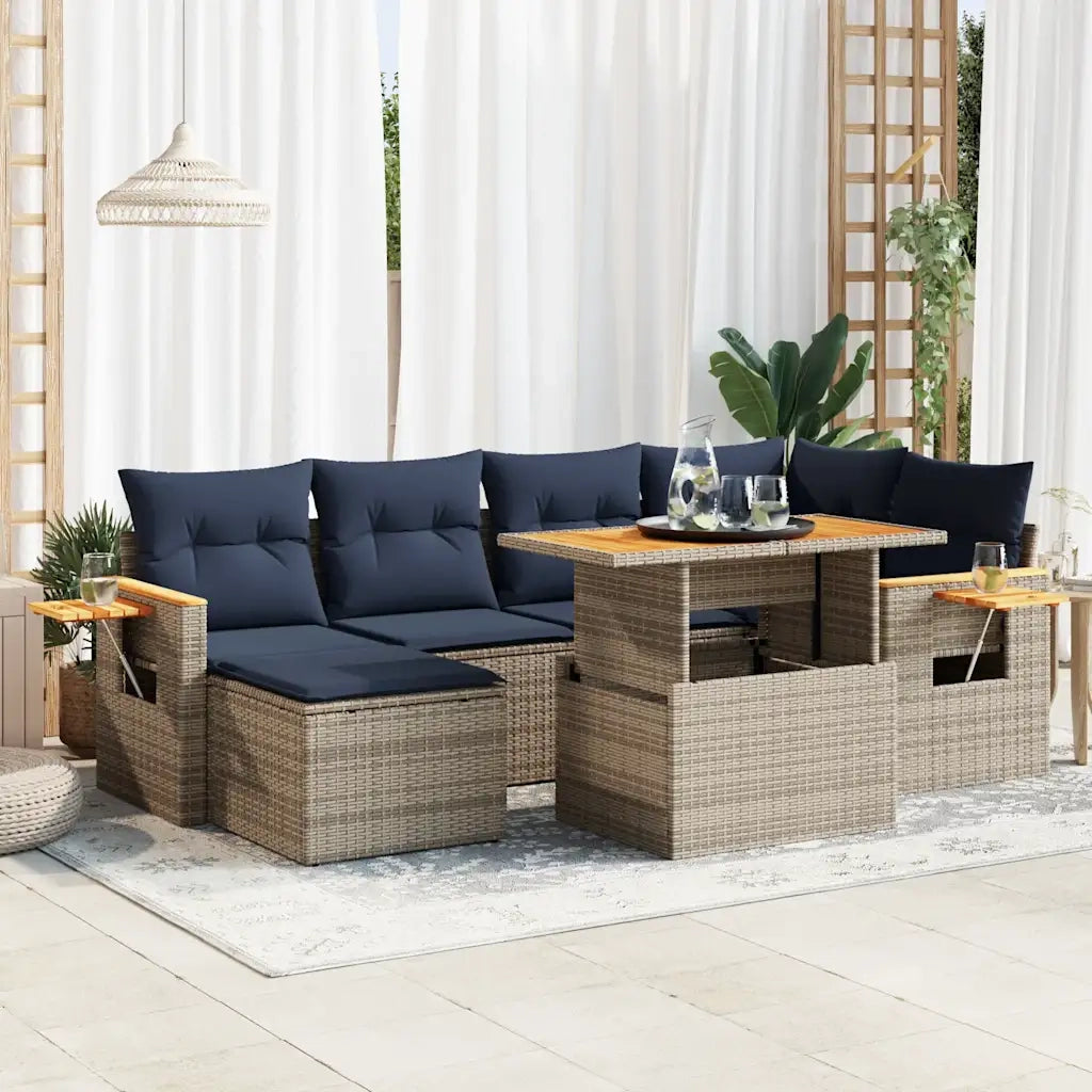 Set Divani da Giardino con Cuscini 7pz Nero Polyrattan Acacia