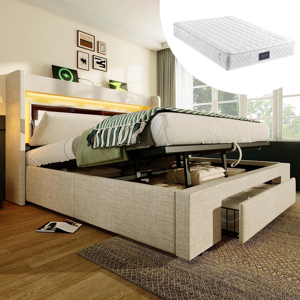 Letto imbottito 140x200 cm - Xylo - Con testiera illuminata LED, USB, USB-C e spazio idraulico