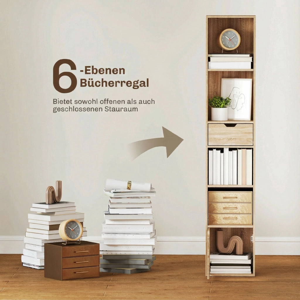 Scaffale Libreria 30x24x158 cm a 4 Ripiani Aperti con Armadietto e Cassetto Color Legno