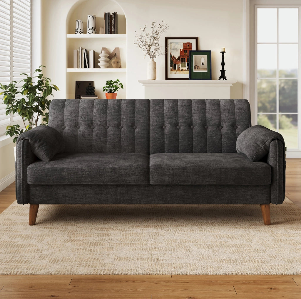Divano a 2 posti in chenille grigio scuro; 161;5 x 79 x 83;5 cm; con cuscini e struttura in ferro