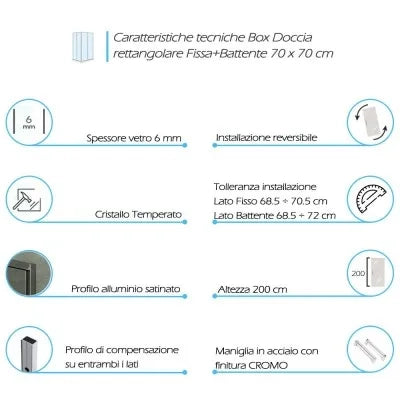Box doccia angolare 70x70 cm con porta battente in cristallo trasparente Ted
