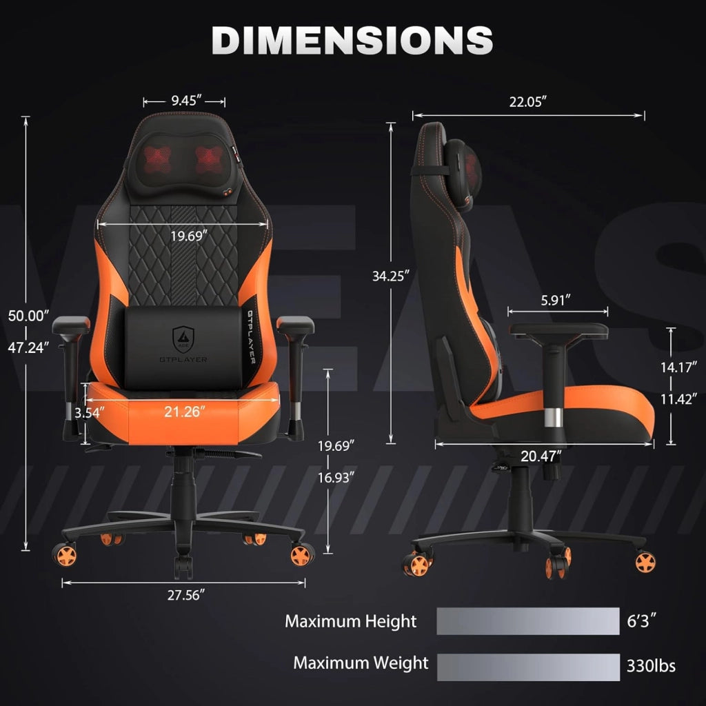Sedia da gioco con massaggio, con cuscino a molle insacchettate, poggiapiedi, ergonomica, da gaming, braccioli 4D, sedia da PC, schienale allargato, portata 150 kg，arancia