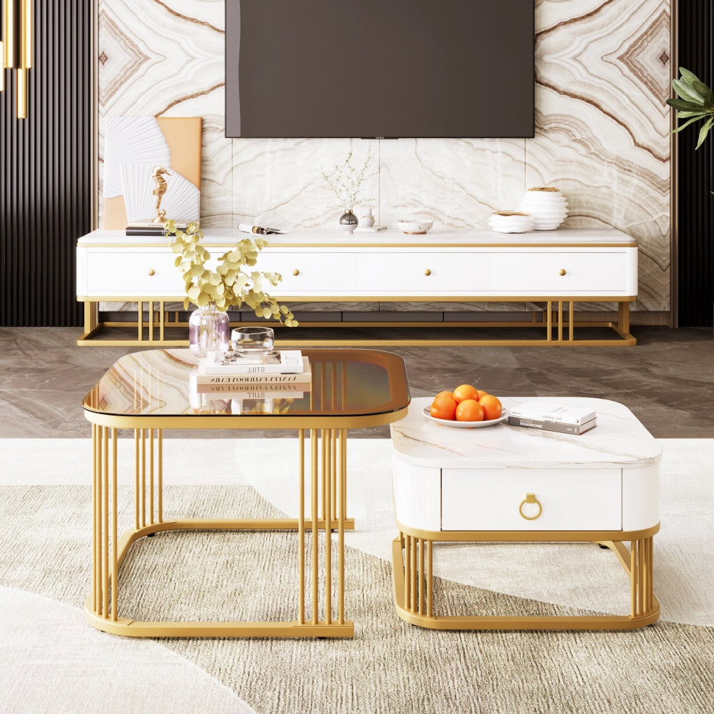 Tavolini da salotto a incastro con 1 Cassetto; Effetto Marmo Lucido e Vetro Color Tè; Moderno; in MDF; Bianco