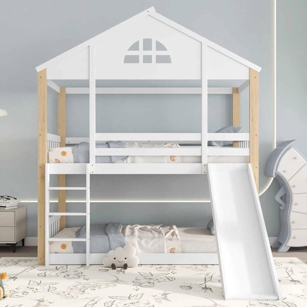 DESMIU Letto a castello 90 × 200 cm 2 posti con scivolo e scala, senza materasso, in legno massello e MDF, bianco e naturale