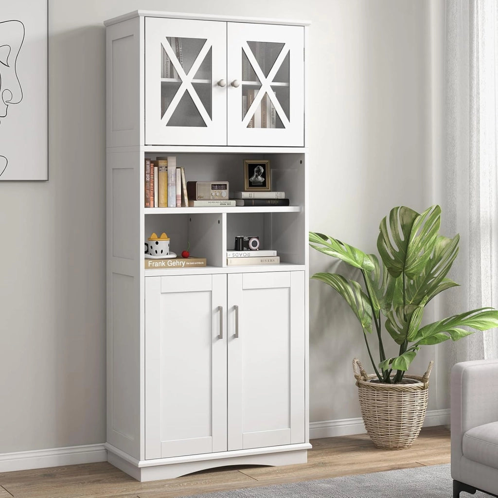 Armadietto da Bagno Slim con 4 Ante, Ripiano Regolabile e 3 Scomparti Aperti, Mobile Alto per Bagno e Soggiorno, Moderno，2 Colori