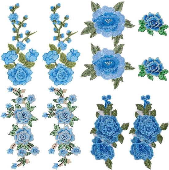 Pannelli di ricamo - Applicazioni fiorite - Blu - Ricamo - Pannelli di riparazione - Fai da te - Adatto per abbigliamento - Motivo di fiori rosa - 10 pezzi - Pannelli di ricamo a maglia - Fiori - Jeans - Camicie - Cappelli