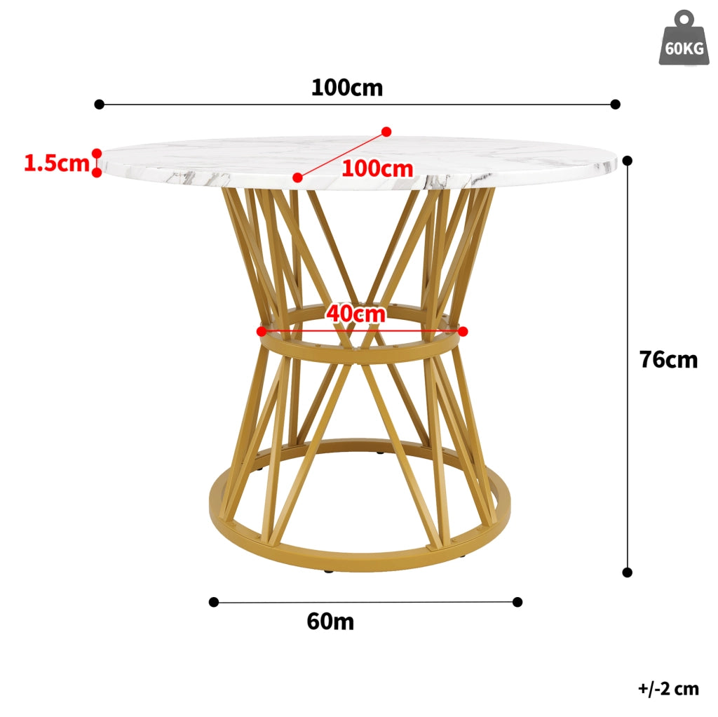 Tavolo da pranzo rotondo 100x100x76 cm con piedini regolabili; piano in MDF effetto marmo oro