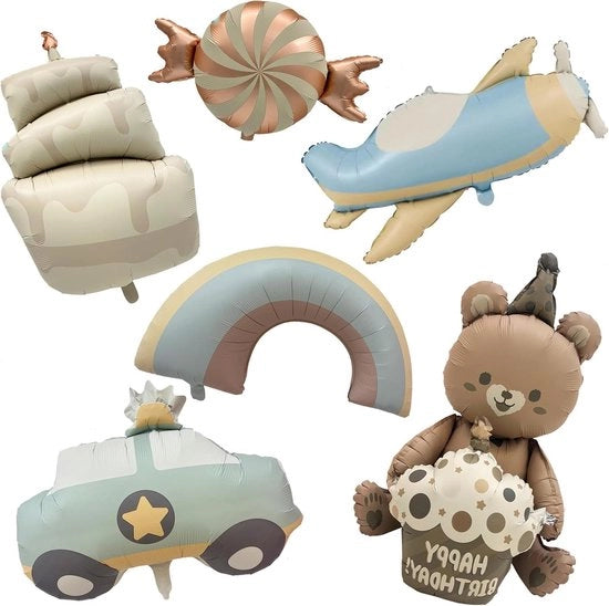 Set di decorazioni per feste di bambini con auto da polizia, birra da torta aereo, torta arcobaleno e palloncini da dolce - set di 6 pezzi - riutilizzabile - decorazione per festa di bambini - regalo