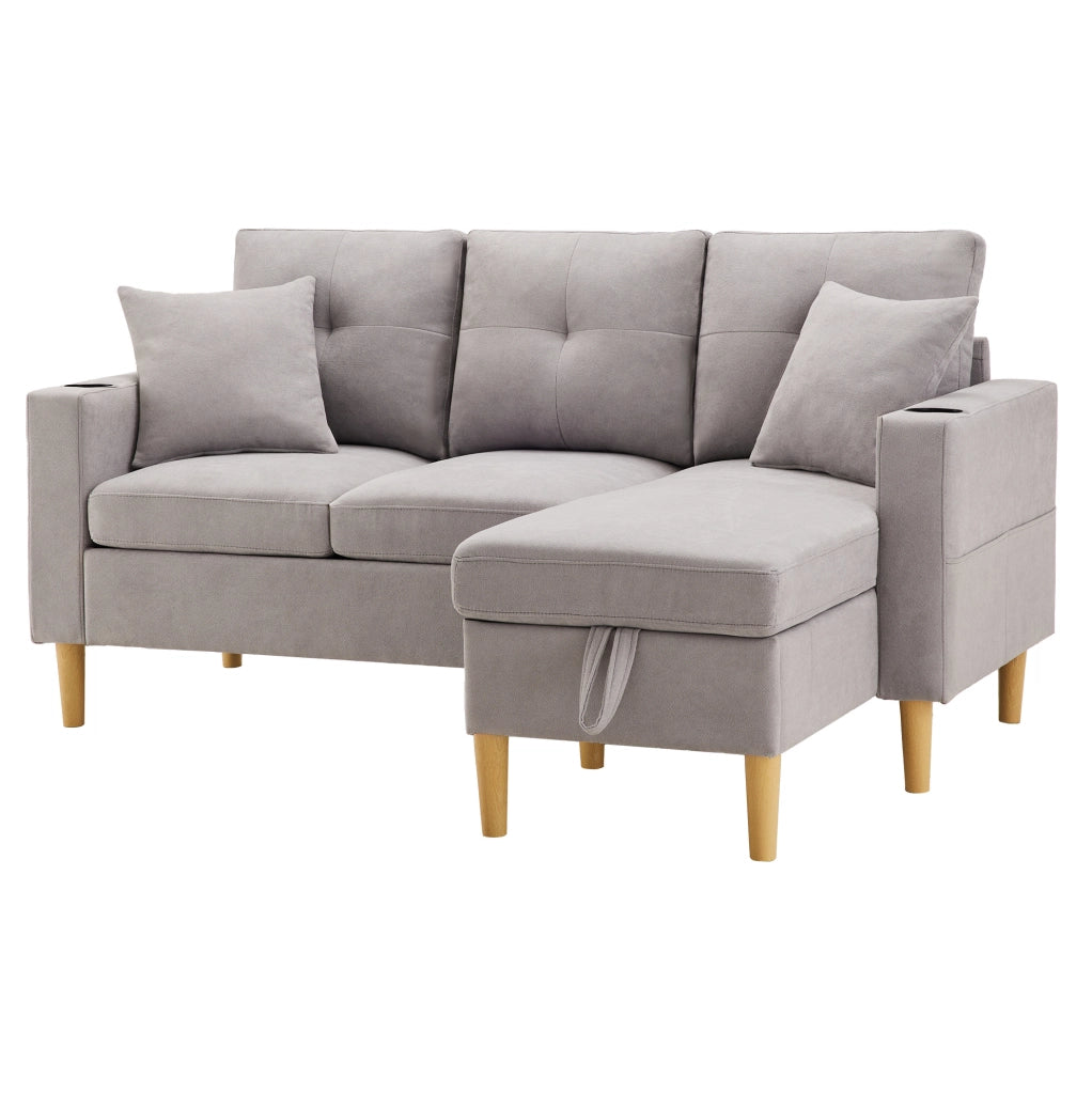 Divano con chaise longue 175x129x90 cm con contenitore e portabicchieri in cotone e lino grigio chiaro