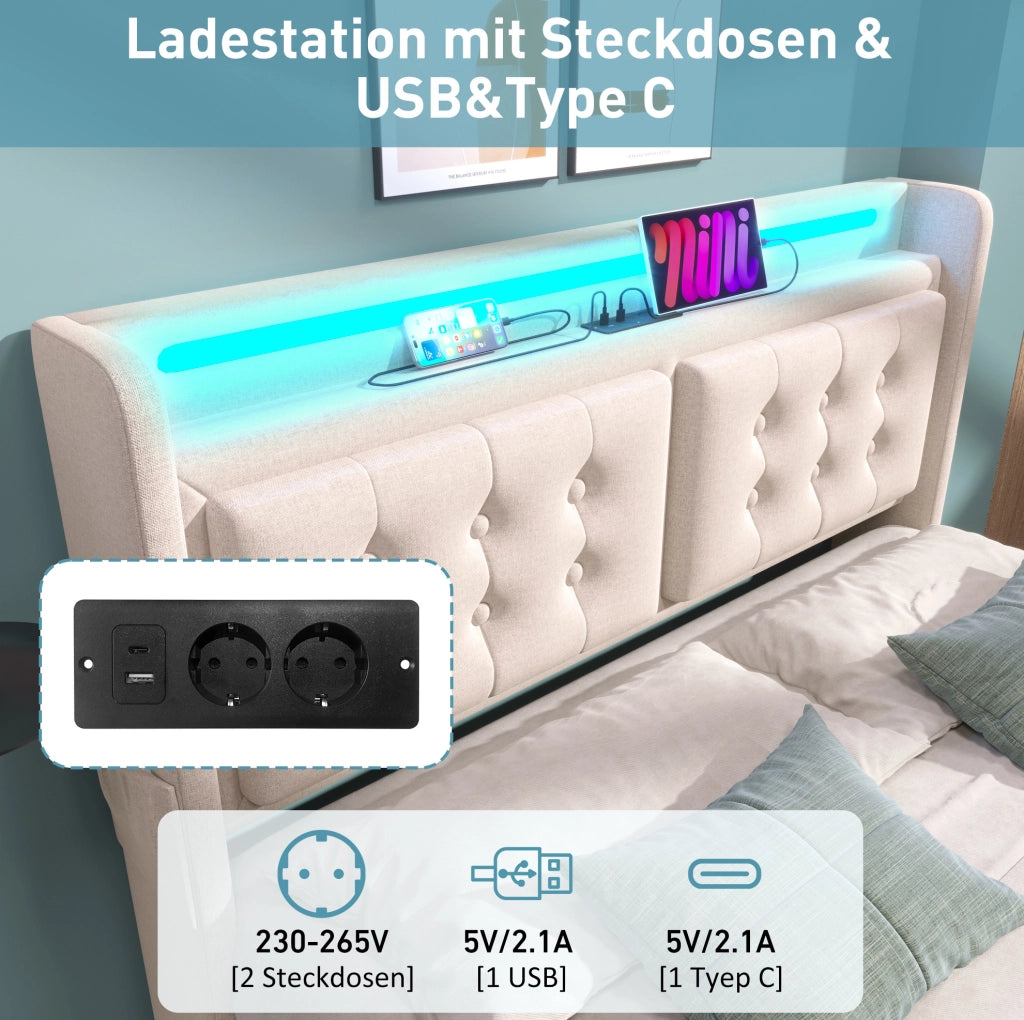 Letto matrimoniale 160x200 beige con LED, prese USB-C e contenitore
