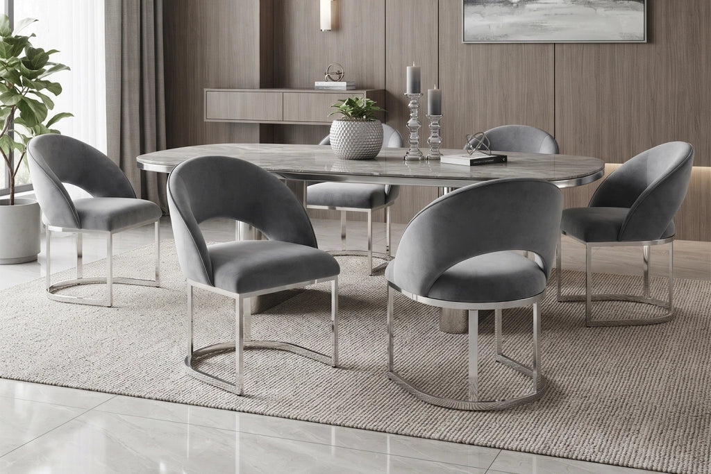SEDIA da pranzo, Set da 4 pezzi, in velluto grigio con gambe argentate