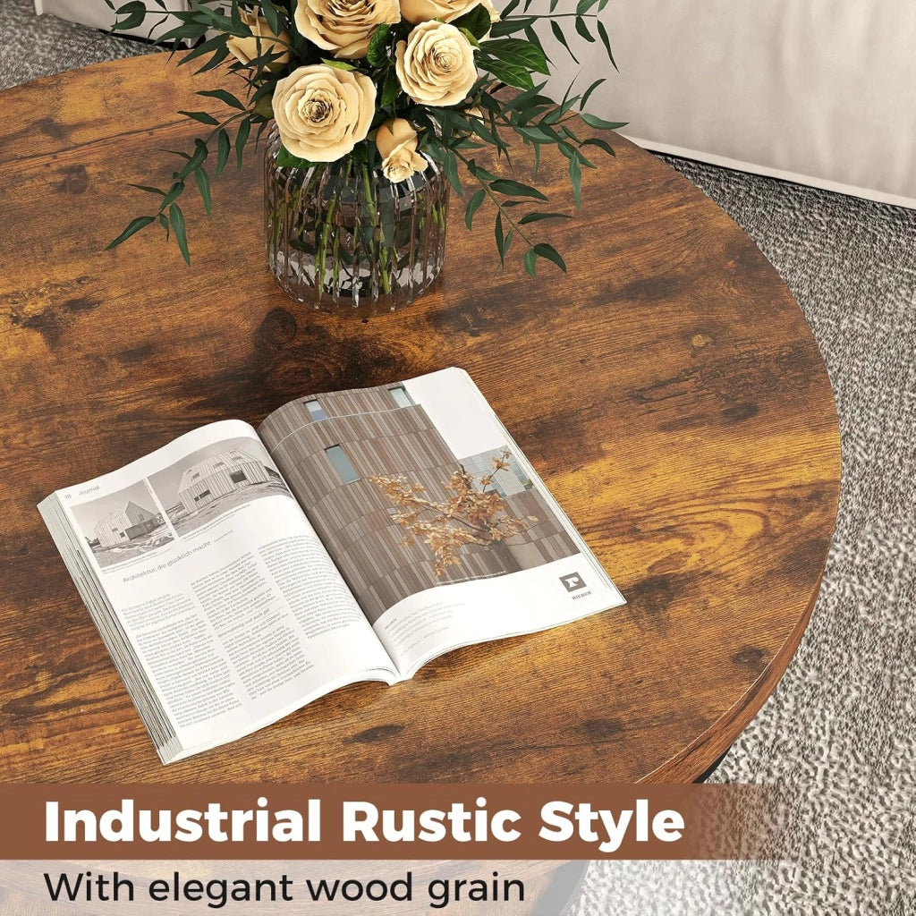 Tavolino rotondo a 2 livelli, 80 x 80 x 45 cm, tavolo da soggiorno con superficie in finto legno e struttura in metallo, elegante tavolino per camera da letto, ufficio (marrone)