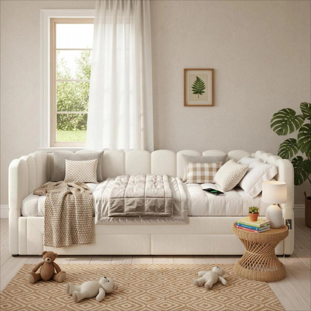 Divano letto con letto estraibile e cassetti, 90x200 cm, lino beige