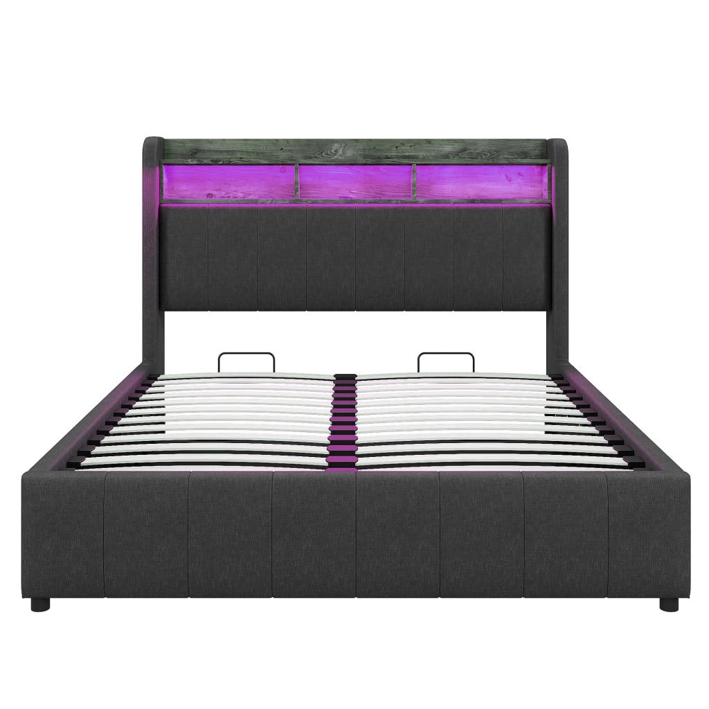 Letti contenitori 160x200 cm con LED regolabili; contenitore idraulico; tessuto di lino grigio