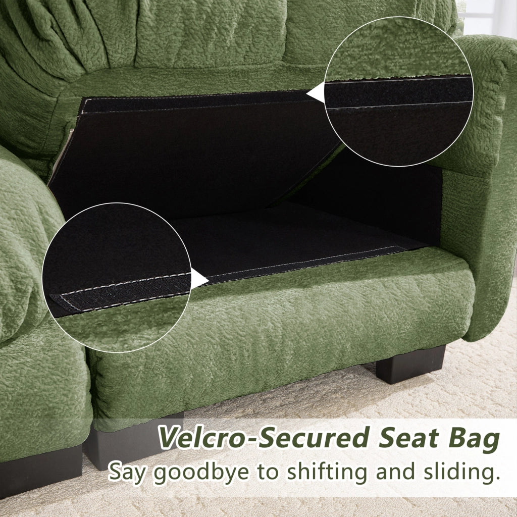 Divano 2 posti in chenille verde con pouf modulare e cuscini imbottiti, dimensioni 190x149x90 cm