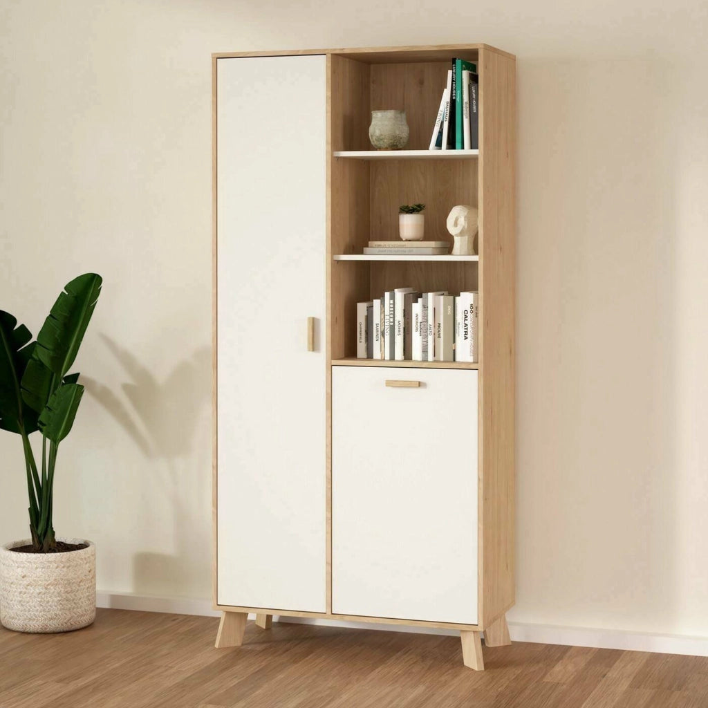 Vetrina Mirinae, Credenza espositiva, Vetrinetta multiuso, Madia da soggiorno, 89x40 h188 cm, Rovere e Bianco