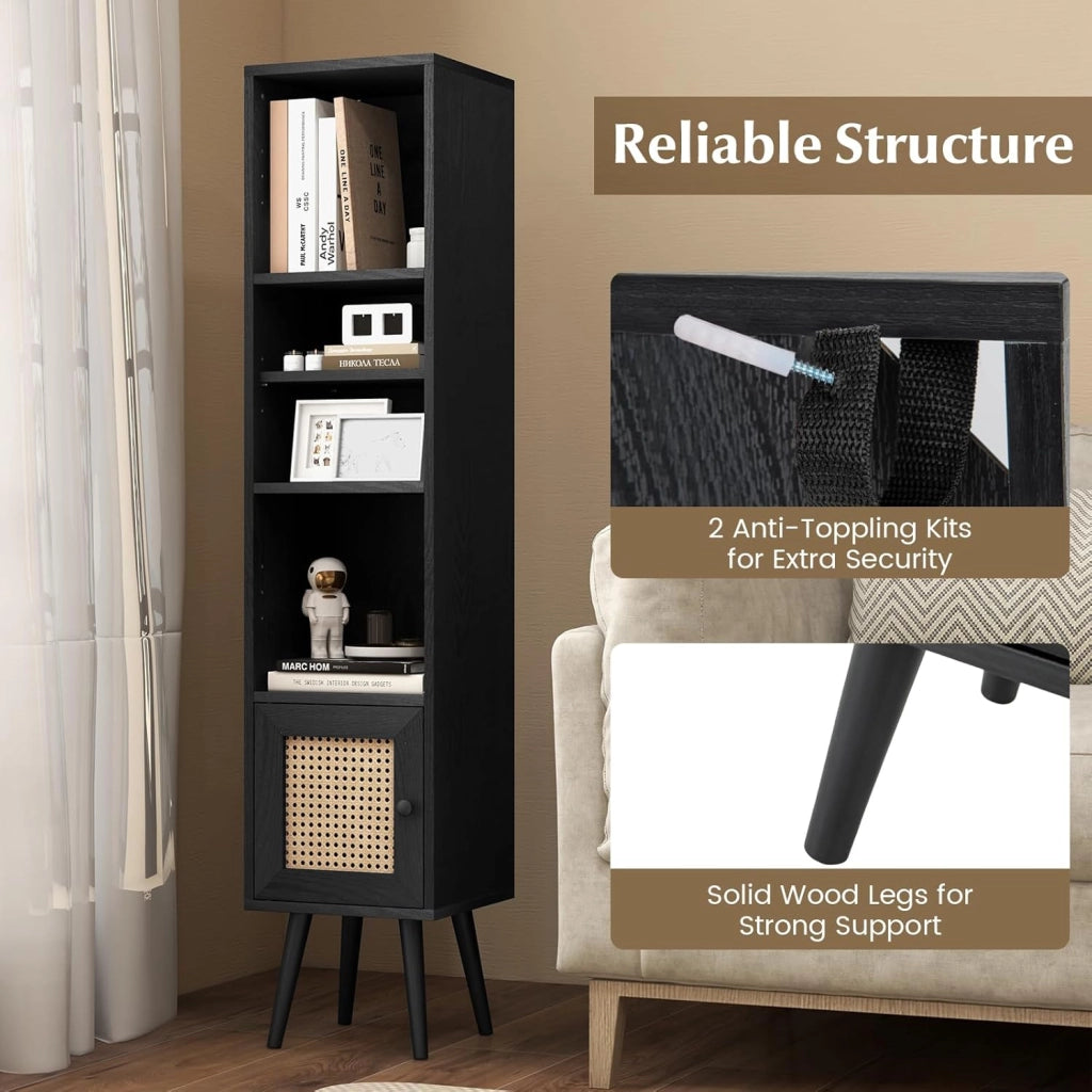 Libreria, armadietto sottile con 4 ripiani e porte, scaffale per soggiorno e ufficio, 29,5 x 29,5 x 137 cm (nero)