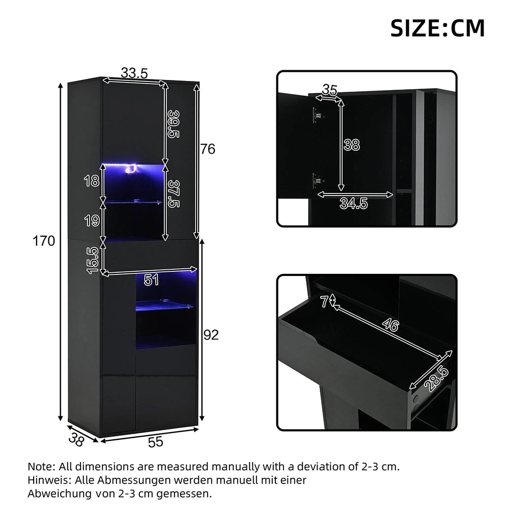 Vetrina esposizione 55x38x170 cm con LED - Xylo - 1 cassetto, 4 ante vetrate, design brillante, nero