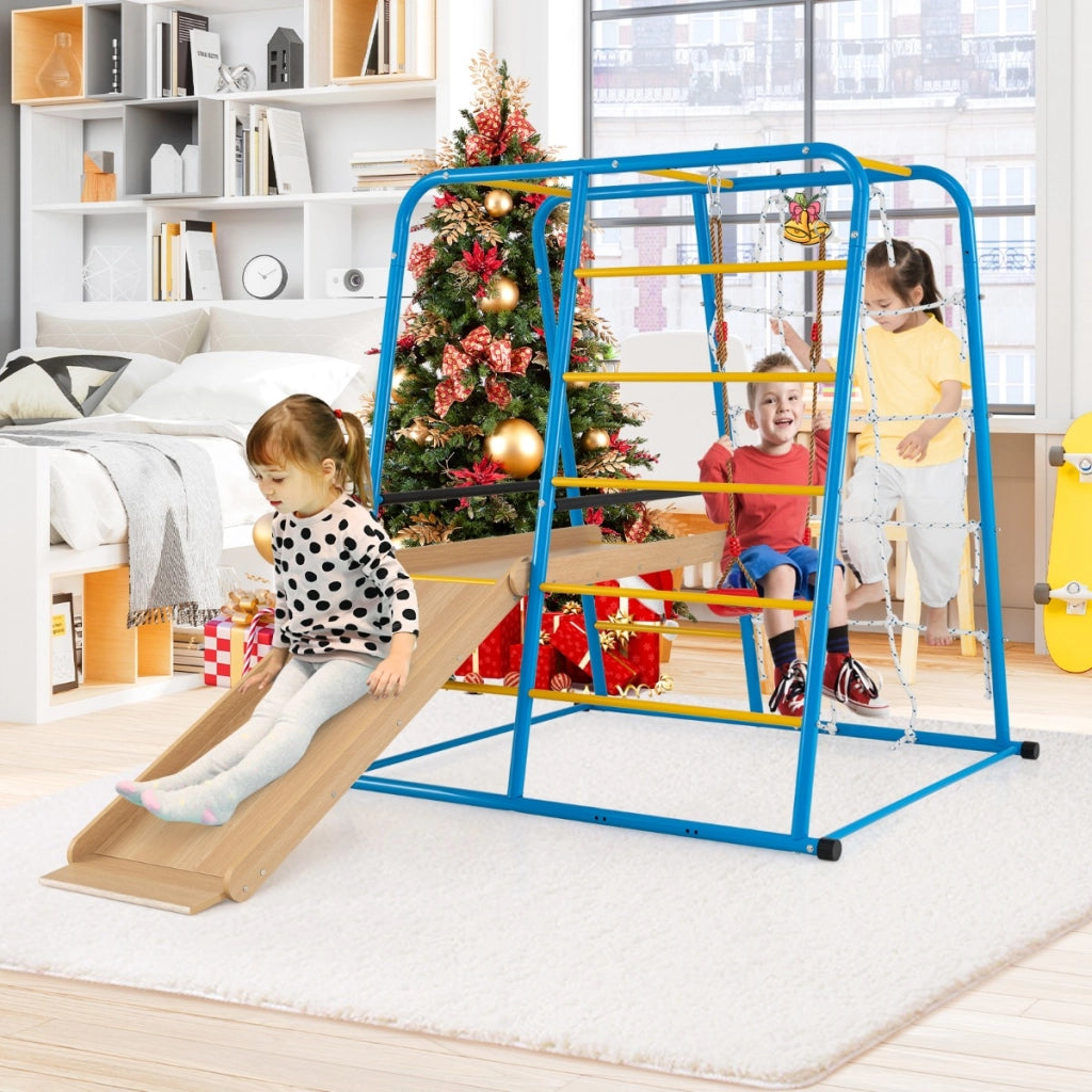 Set da arrampicata di metallo montessori 6 in 1 con scivolo altalena sbarre, Parco giochi da interno per bambini Blu-Arrampicate e scivoli