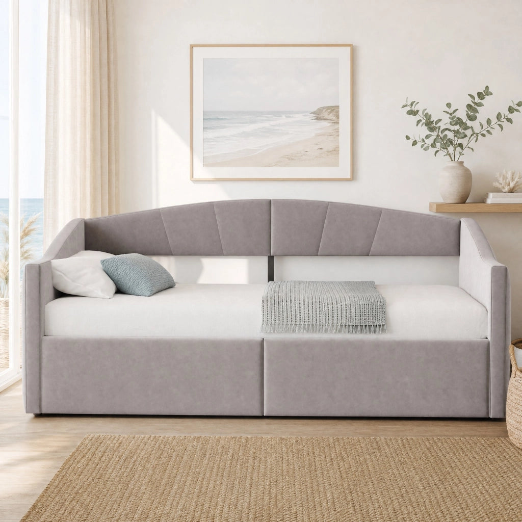 Letto imbottito singolo 90x200 cm con contenitore idraulico, rete a doghe, braccioli e schienale in velluto grigio chiaro