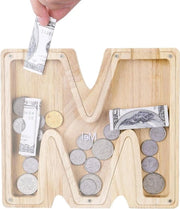 Banca di legno per monete con etichette alfabetiche - regalo per bambini per Natale e compleanni - decorazione per la casa - legno chiaro M S