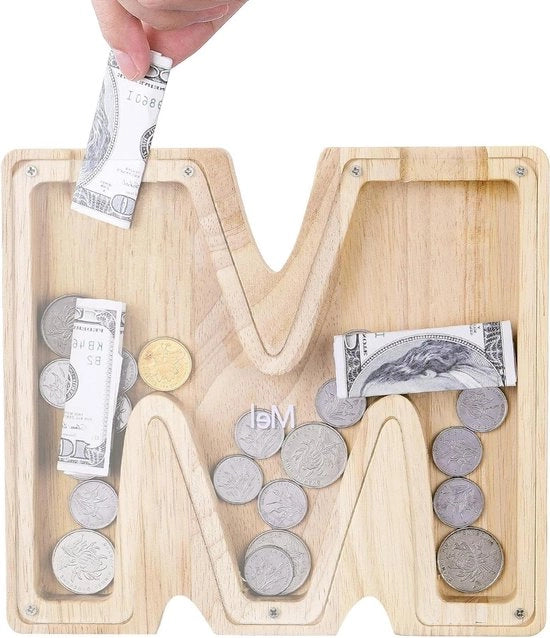 Banca di legno per monete con etichette alfabetiche - regalo per bambini per Natale e compleanni - decorazione per la casa - legno chiaro M S