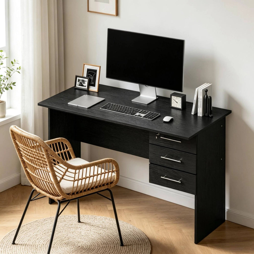 Scrivania da ufficio in legno nero 120x75x60 cm con 3 cassetti e piano resistente