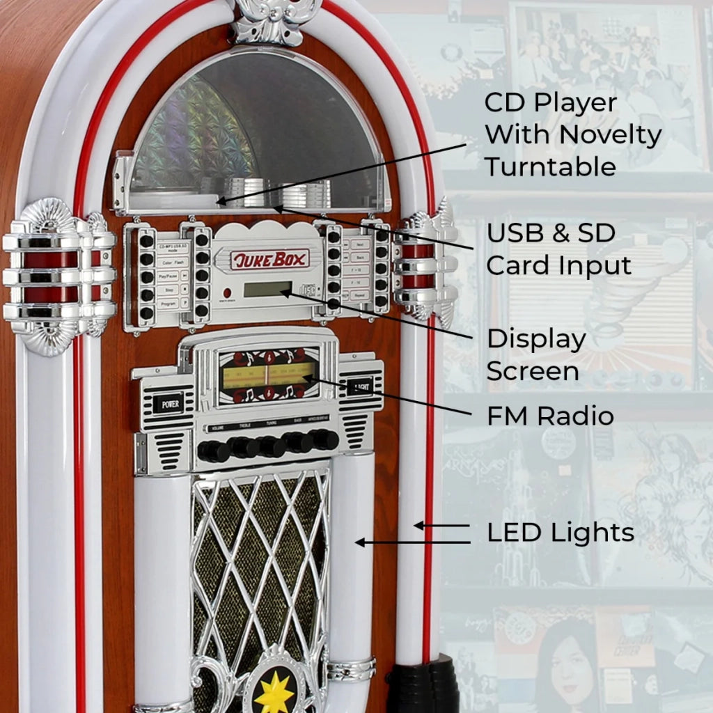 Jukebox Retro Anni 50 con CD, USB, Memory Cards SD/MMC, Radio, Bluetooth e Aux