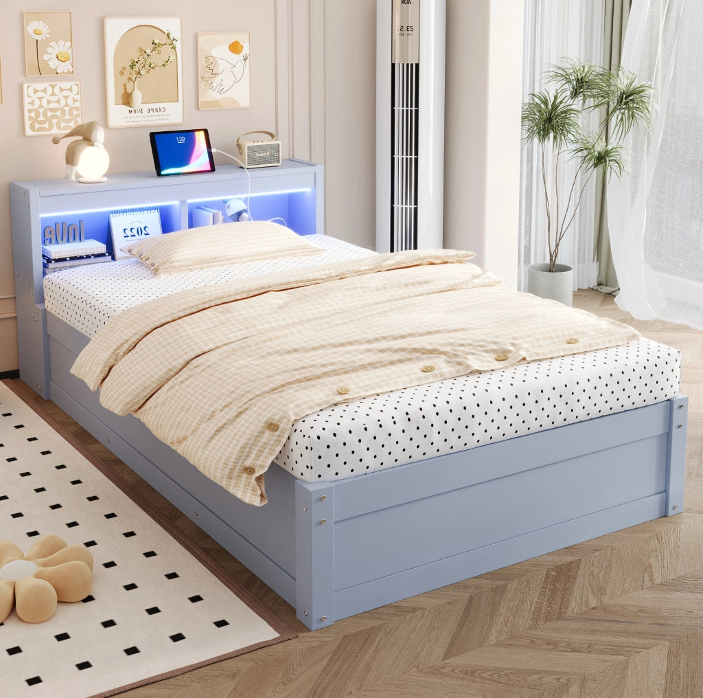 Letto multifunzionale 90x200 cm con vano contenitore, LED e presa integrata
