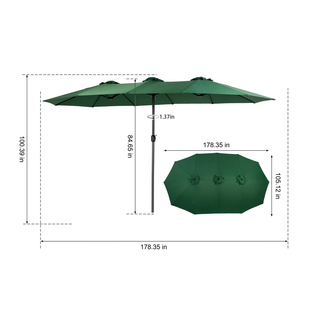 Ombrellone rettangolare bifacciale 14.8 piedi per esterno con manovella tonalità verde scuro ampio spazio ombreggiante senza base inclusa