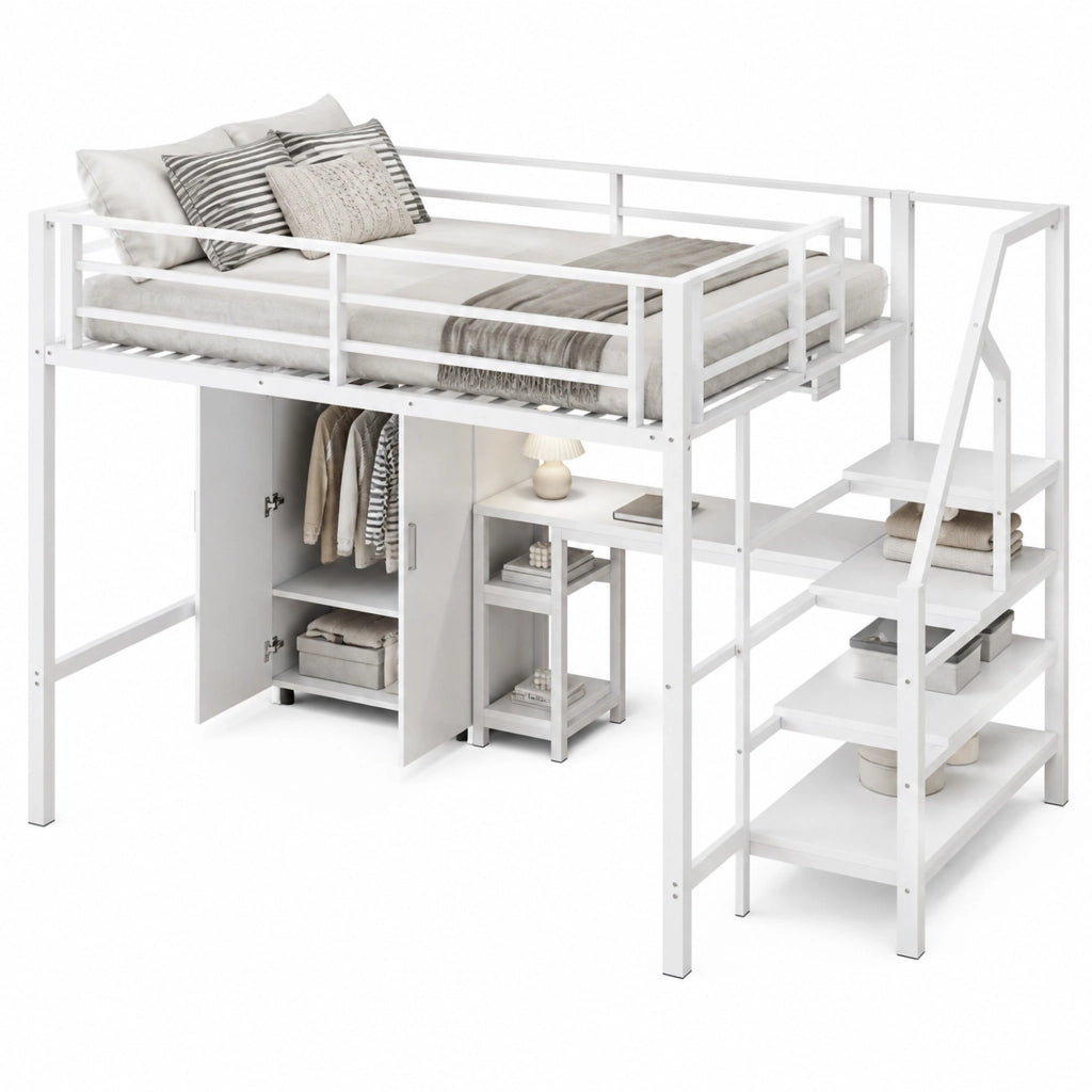 Letto a soppalco 140 × 200 cm con armadio scrivania scaffali e scala contenitore in metallo e MDF bianco