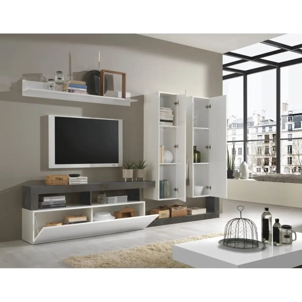 Set di mobili da salotto con ripostigli, collezione BURA, bianco lucido/grigio antracite