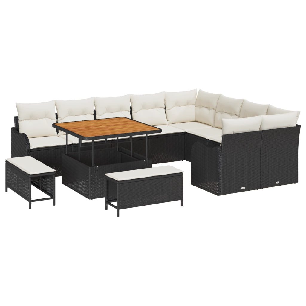 Set di divano da giardino  12 pezzi con cuscini neri in polyrattan acacia