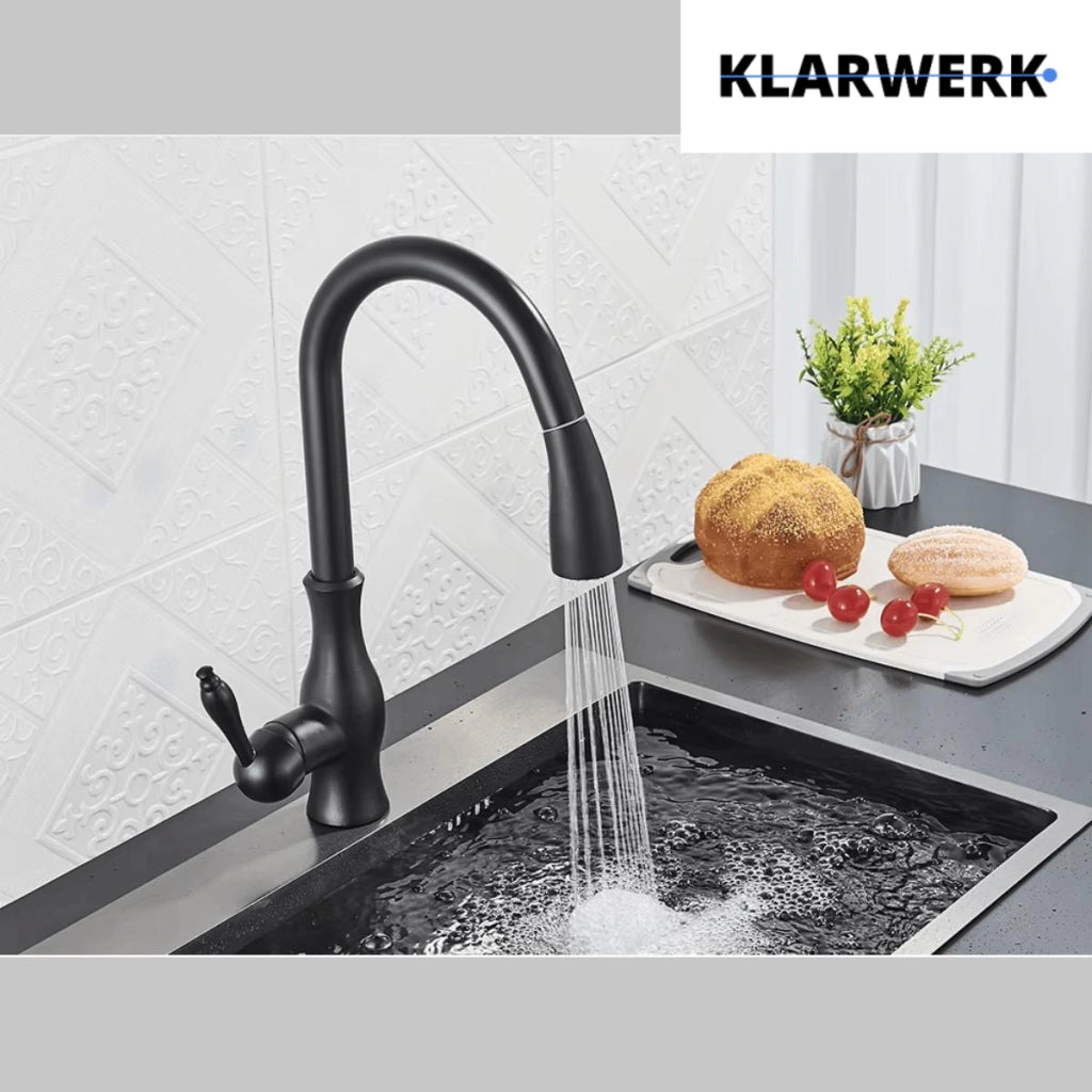 NAVIS | Elegante rubinetto cucina estraibile in acciaio inox nero, arco alto, miscelatore di lusso, alta pressione, 360°, 2 attacchi