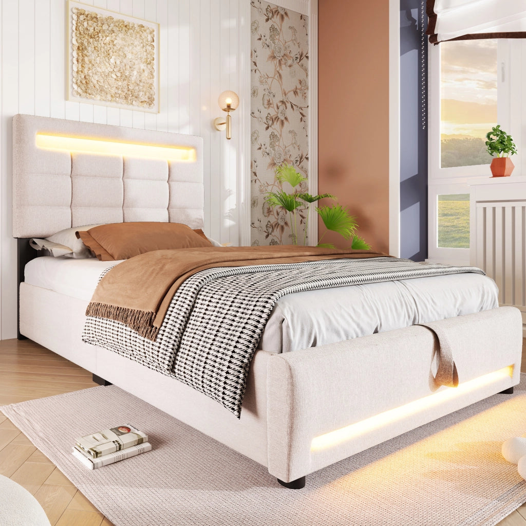 Letto imbottito 90x200 cm con LED APP, USB e contenitore idraulico